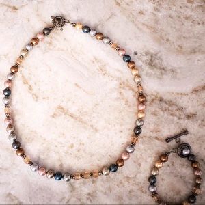 Handmade Blue/Tan Beaded Necklace & Bracelet Set